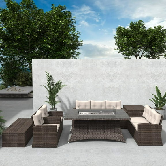 Abrihome 7-piece Outdoor Patio Furniture Set with 71“ Rectangle  Gas Fire Pit Table,PE Rattan Wicker Sofa Sets,Brown