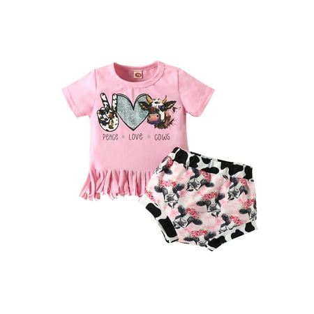 

Frobukio Infant Baby Girls Casual Clothes Suit Cow Letter Short Sleeve Tassel Tops + Floral Triangle Shorts Pink 18-24 Months