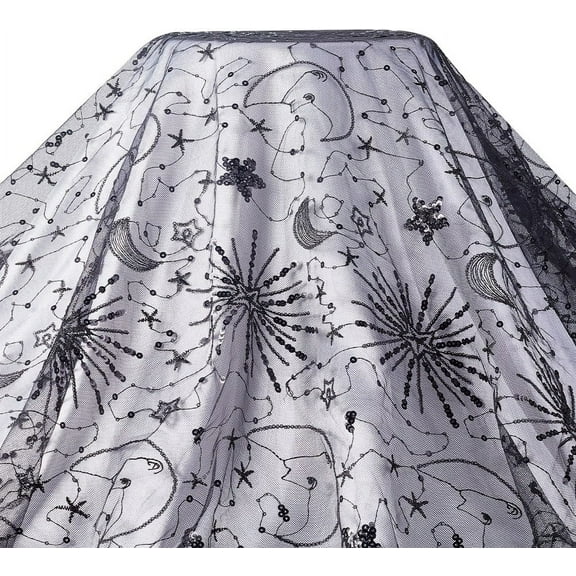 Sequin Star Moon Pattern Embroidered Polyester Mesh Fabrics for DIY Sewing Dress Black 125~130x0.1cm