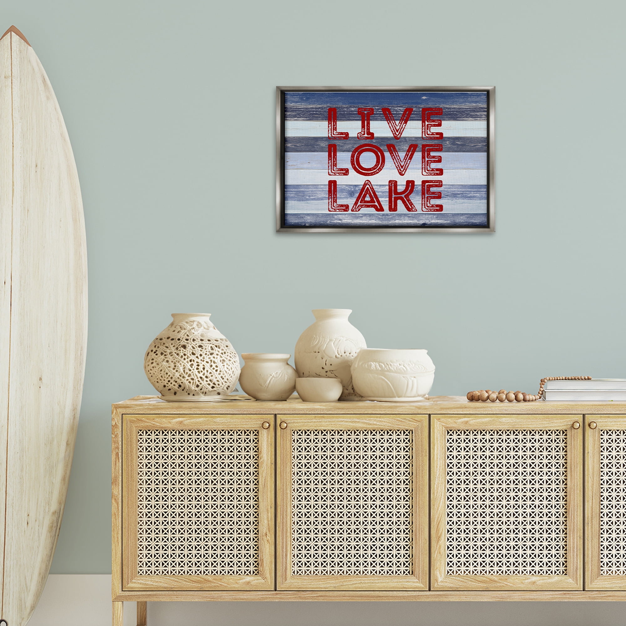Stupell Industries Live Love Lake Striped Nautical & Beach Painting Gray Floater Framed Canvas Art Print Wall Art, 25 x 17