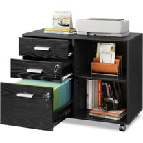 YEXJ 3-Drawer Wood File Cabinet with Lock, Mobile Lateral Filing Cabinet, Printer Stand with Open Storage Shelves for Home Office, Black