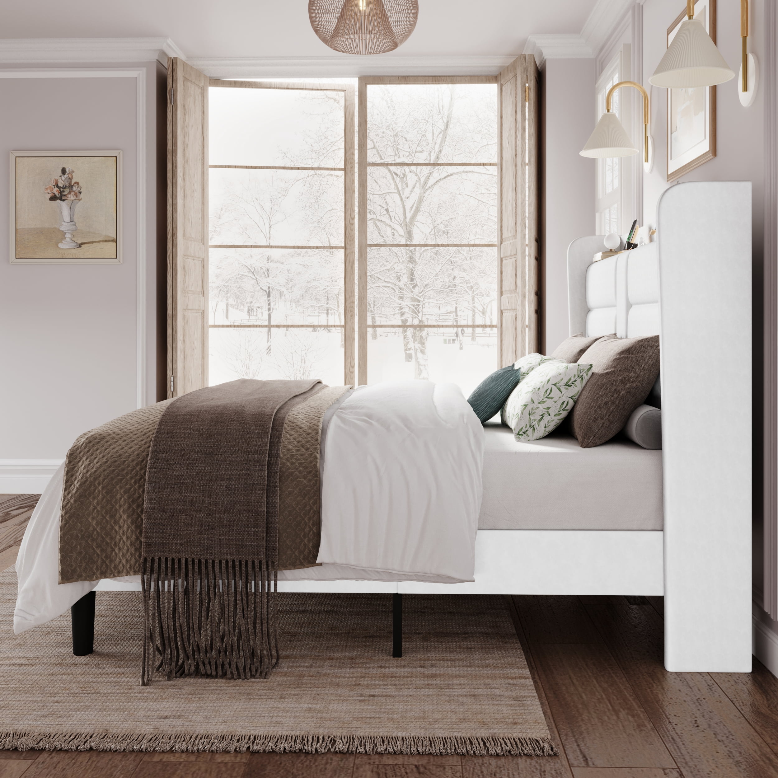Amolife King Size Upholstered Platform Bed Frame with Velvet Wingback Headboard & USB Charging Ports, No Box Spring Needed, White