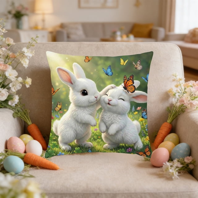 Easter Decorations Pillow Covers Cute Rabbit Pattern Decorative Throw Pillowcases for Sofa Living Room Bedroom Home Accents Seasonal Holiday Decor Soft Plush Cozy Decorative Pillow Slipcovers