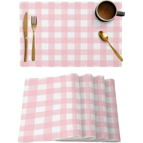 Christmas Placemats Set of 4, Rustic Pink White Buffalo Check Plaid Pattern Heat Resistant Washable Table Place Mats Farmhouse Cotton Table Linens Party Holiday Decor For Kitchen Dining Outdoor Indoor