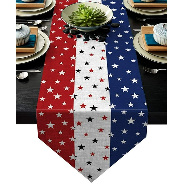 Chemin de Table pour la Fête de l'Indépendance en Mélange Coton-Lin, 4 Juillet Rouge Blanc Bleu Couvre-Table Chemin de Table Décoration pour Fête Intérieure Extérieure Vacances Mariage Table à Manger - Extra Long 13x120 Pouces
