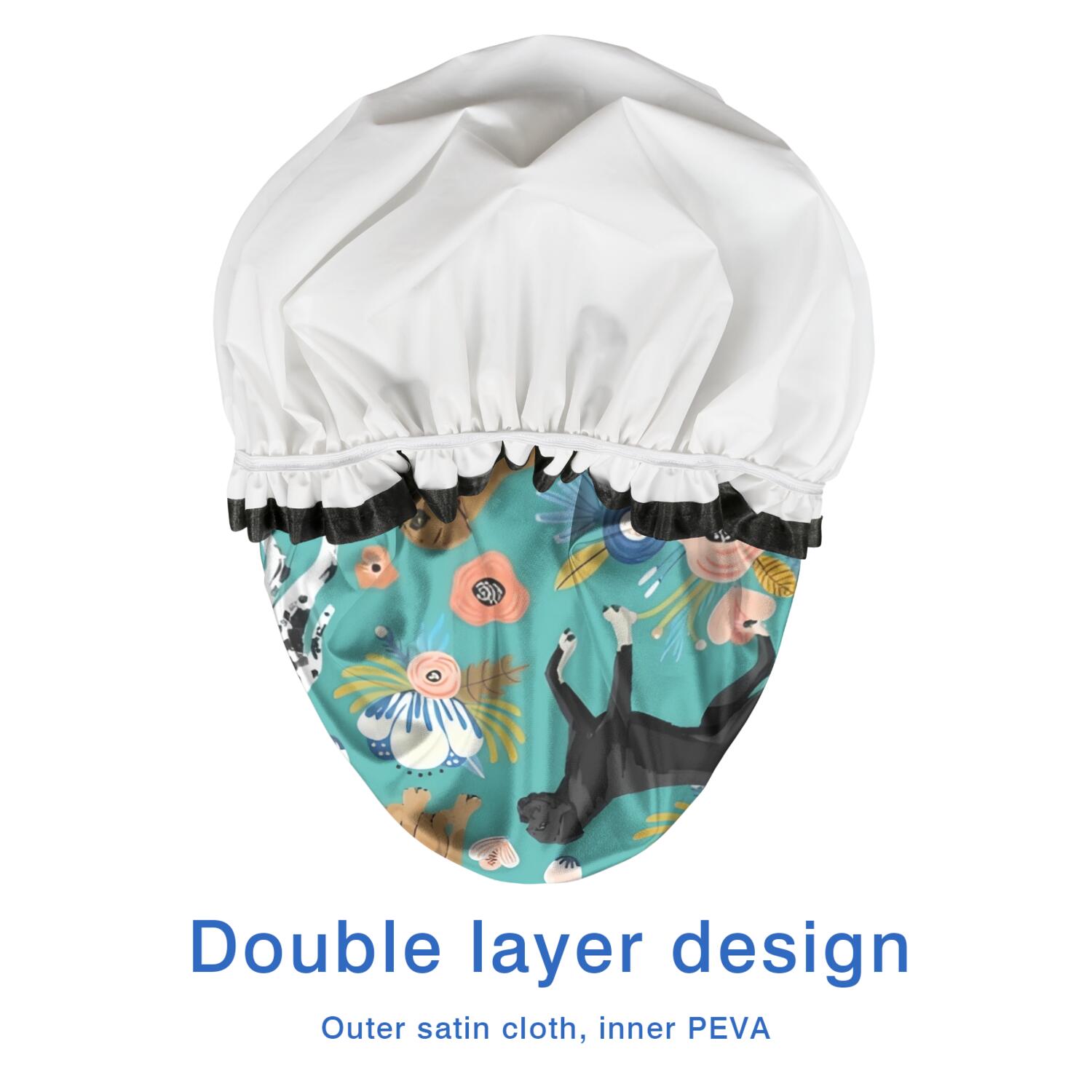 Shower Caps,Dog Pattern with Pioneer Flower Background Waterproof Shower Cap for Women 4 Pieces,Double Reusable Hair Cover for Shower PEVA Elastic Stretch Hem