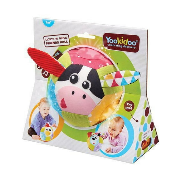 Baby Lights N' Music Friends Ball de Yookidoo. Un jouet musical doux pour nouveau-nés avec des étoiles clignotantes et trois animaux de ferme amicaux. Idéal pour jouer au sol, en poussette ou dans le