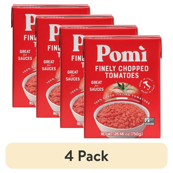 (4 pack) Pomi Finely Chopped Tomatoes, 26. 46 oz, 1/4 Cup per serving, 12 servings per Container