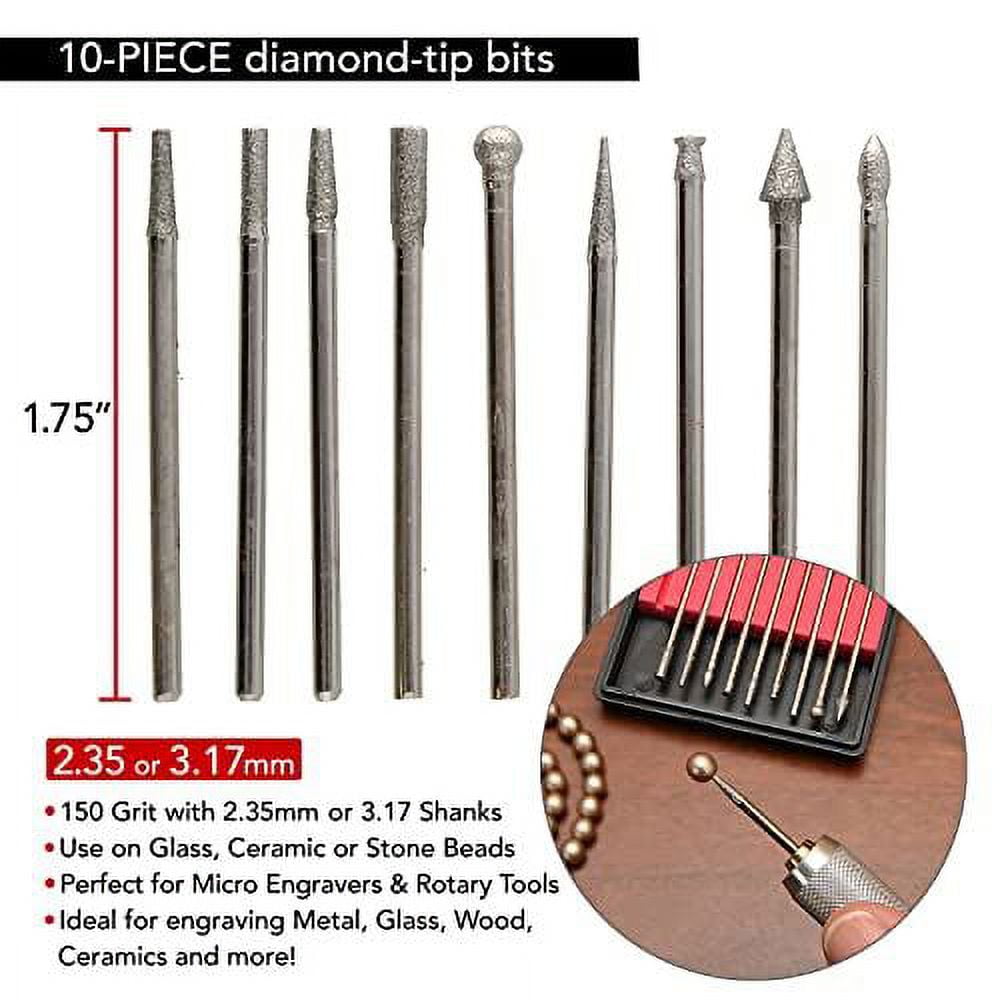 The Beadsmith Engraver Set – Battery Operated Micro Engraver with Spotlight & 2 Round Diamond-Tip Bits – 10-Piece Diamond Tip Bits – Ideal for Engraving on Metal, Glass, Wood, Ceramics & More