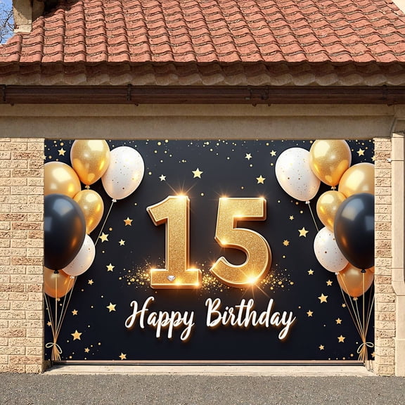 Gold Glitter 15th Birthday Banner Black Background Display White Balloons Star Decorations 15th Celebration Backdrop for 15th Birthday Party Sweet 15 Celebration Teen Birthday Event