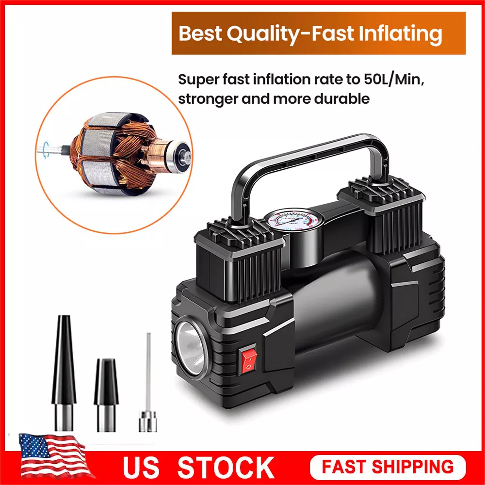 Led Light Portable Air Compressor With Digital Pressure Gauge, Tire Inflator For Car Bikes Motorcycles, Heavy Duty Double Cylinder Direct Drive Fast Inflation Black