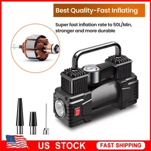Led Light Portable Air Compressor With Digital Pressure Gauge, Tire Inflator For Car Bikes Motorcycles, Heavy Duty Double Cylinder Direct Drive Fast Inflation Black