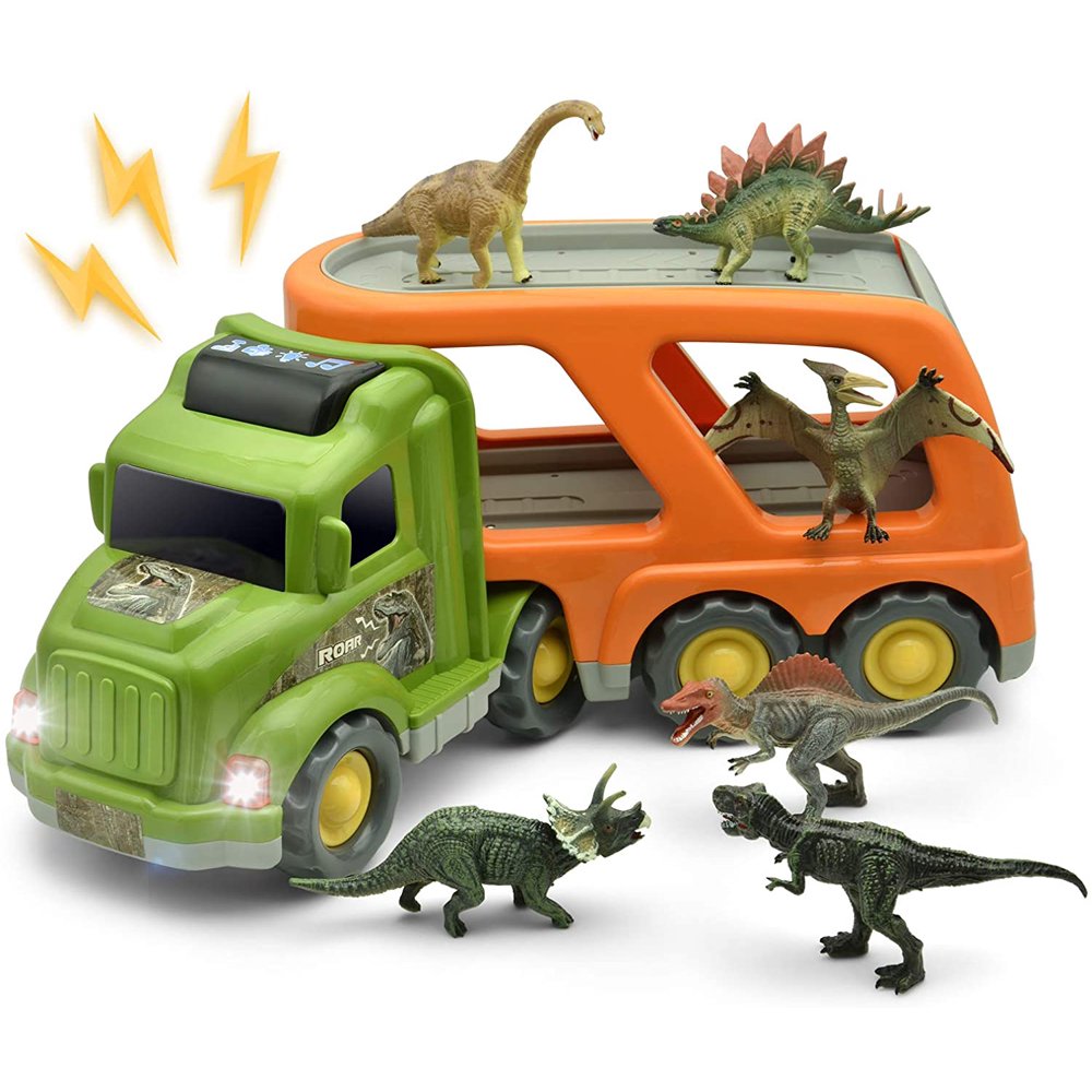 6in1 Dinosaur Truck Toys Set for 1 2 3 4 Years Old Toddlers Boys Friction Powered Car Carrier