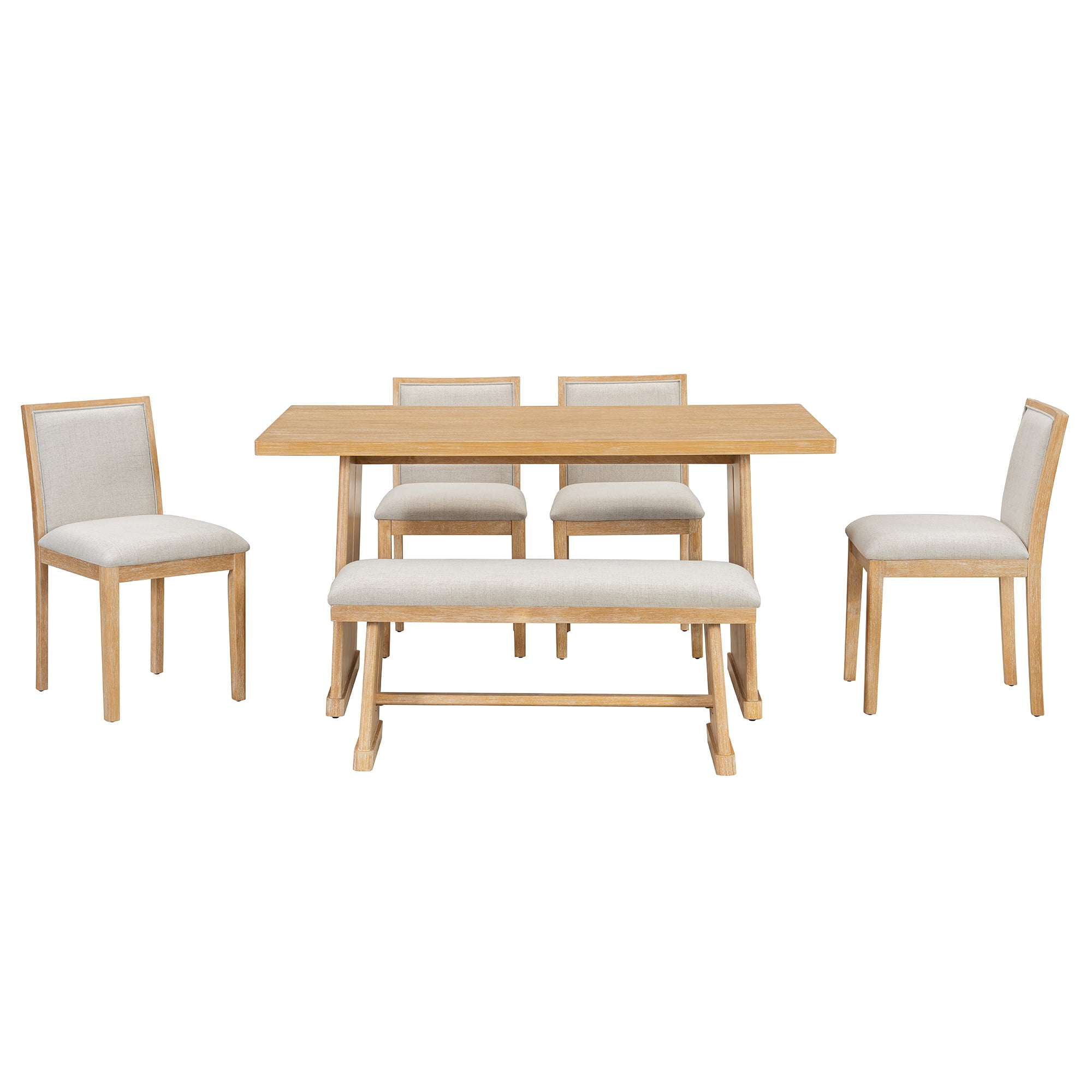 Euroco 6-Piece Farmhouse Dining Table Set for 6, 59.8" Rectangular Dining Table with 4 Upholstered Chairs & 1 Bench,Solid Wood Dining Furniture Set for Kitchen,Natural