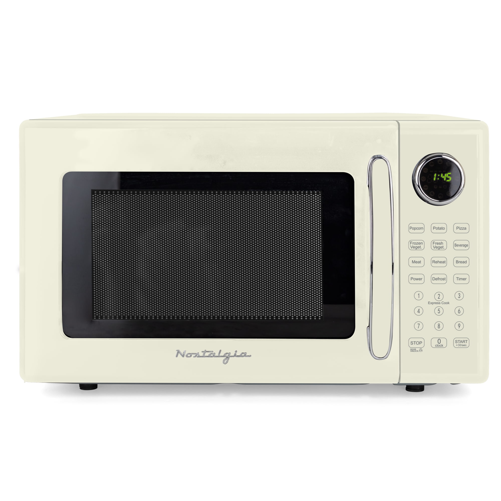 Nostalgia 1.1 cu ft Retro Countertop Microwave Oven with 1000W and 8 Auto Cook Programs, Ivory