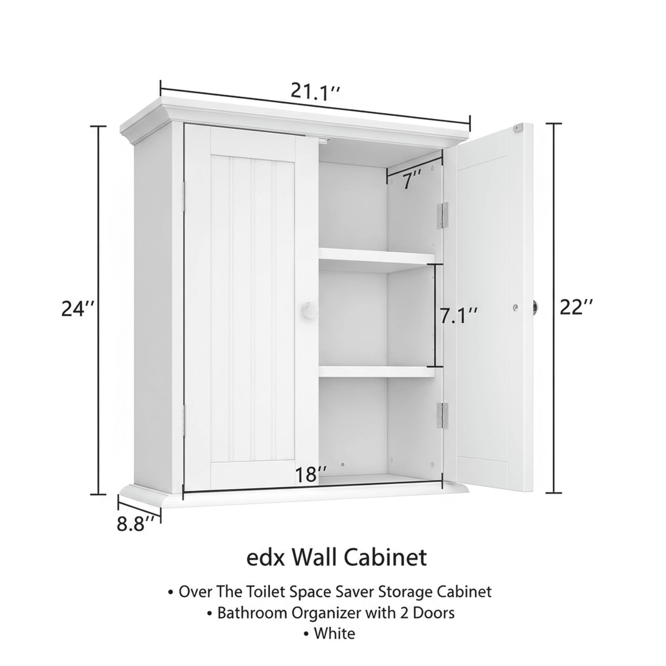 edx Wall Cabinet, Over The Toilet Space Saver Storage Cabinet, Bathroom Organizer with 2 Doors, white