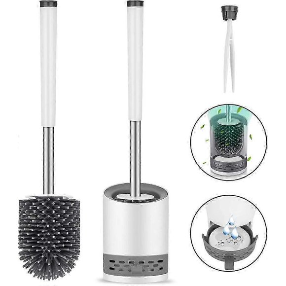 Toilet Brush Silicone with Holder Wall Mount & Standing Toilet Brush Set Stainless Steel Long Handled Toilet Brush and Quick Dry Holder Set for Bathro