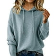thumbnail image 2 of Women's Solid Color Hooded Sweater, Loose Fit Pullover Hoodie, Spring Autumn Knit Top, Casual Oversized Pullover, Soft Cotton Blend Hoodie, Comfortable Lounge Wear Light Blue S, 2 of 4