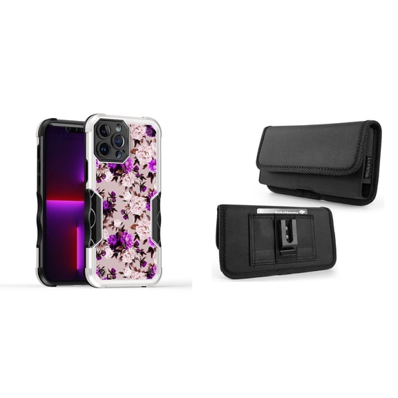 Case and Pouch Bundle for iPhone 14 Pro Max: Heavy Duty Armor Rugged Case (Purple Pink Flowers) and Horizontal Rugged Nylon Belt Holster
