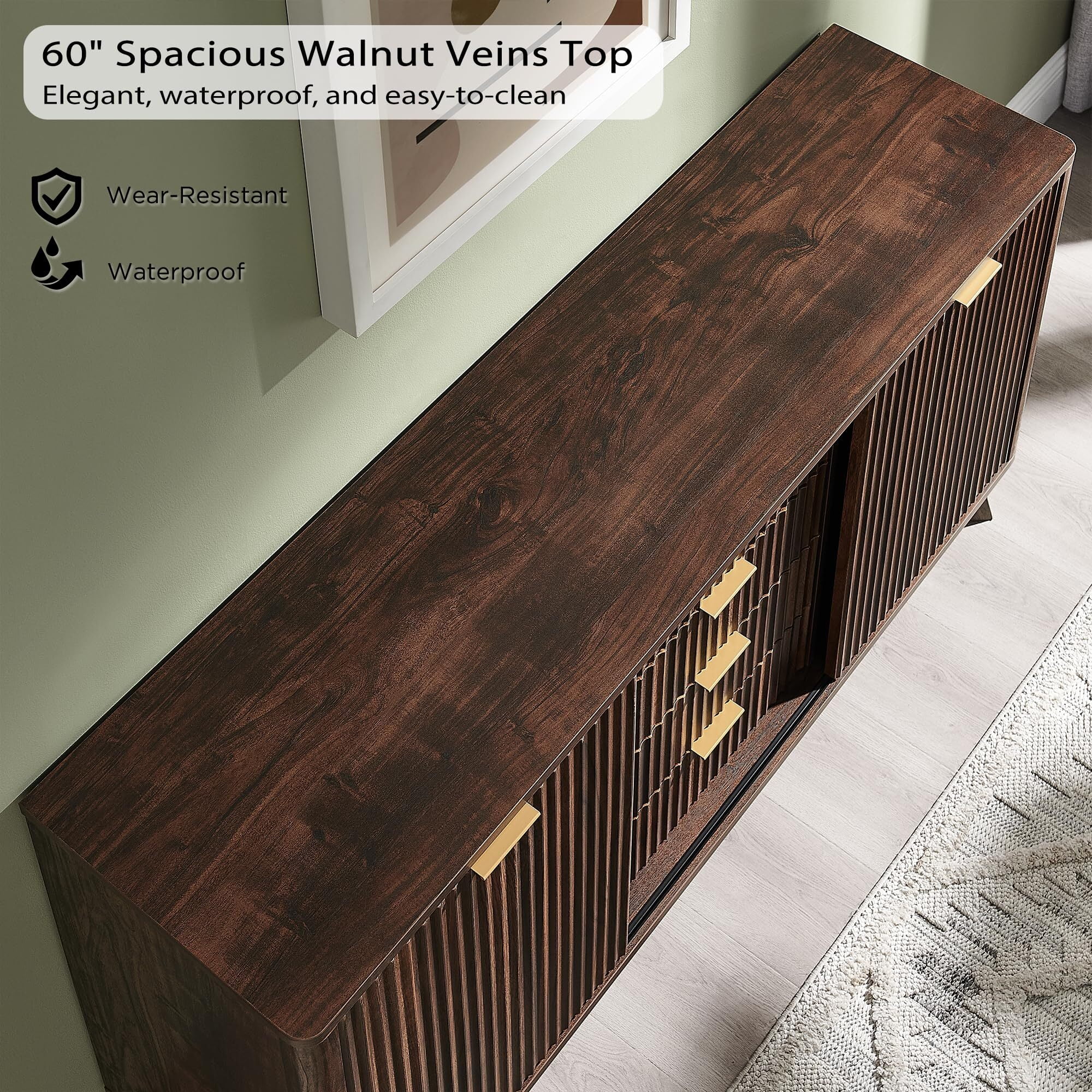 OKD 60" Fluted Wood Dresser with Sliding Doors and 4 Drawers, Modern Chest with Faux Marble Top, Chest of Drawers for Bedroom, Living Room, Dark Walnut
