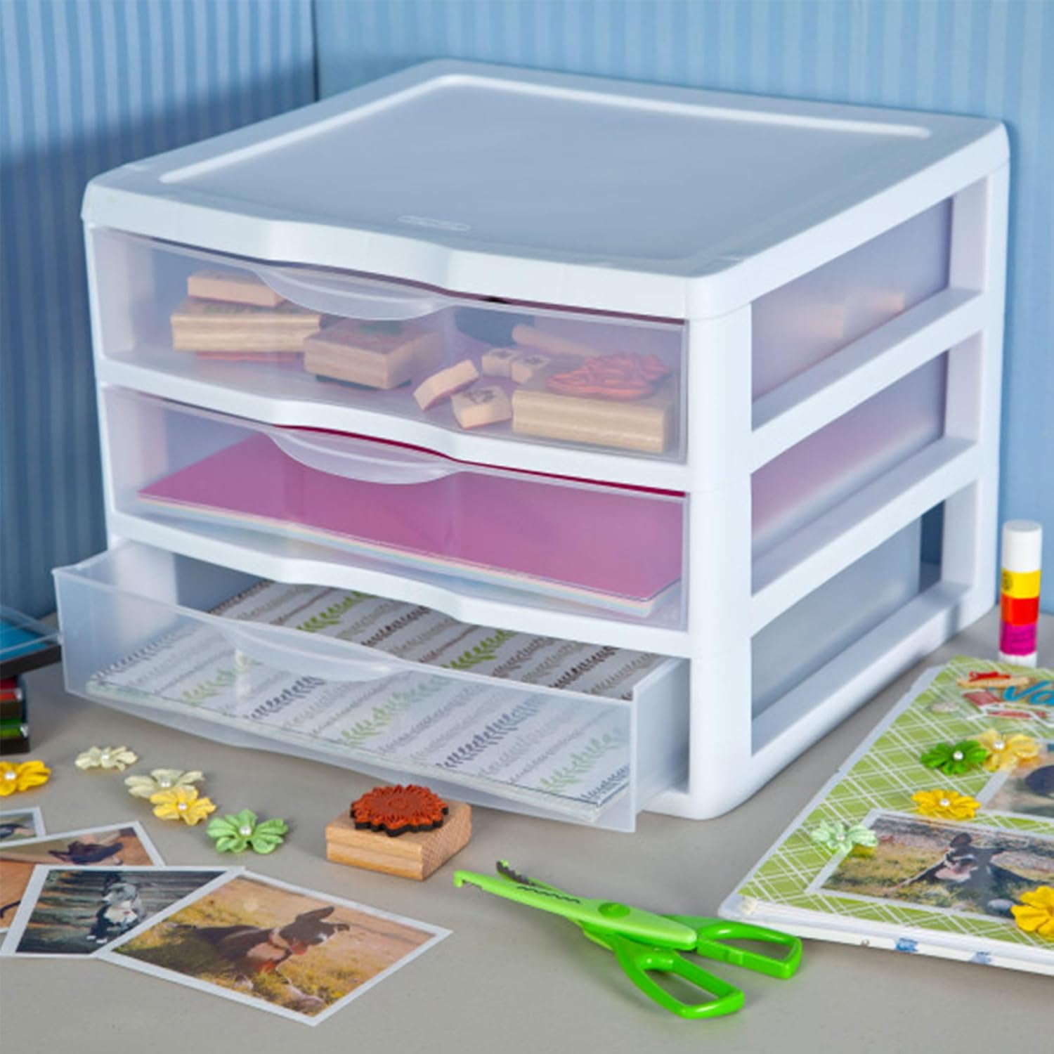 HWong 3-Pack Wide 3 Drawer Unit, Plastic Desktop Organizer with Clear Drawers, White Frame - Stackable Multi-Purpose Storage for Office Supplies, Craft Rooms, Classrooms and Home Organization