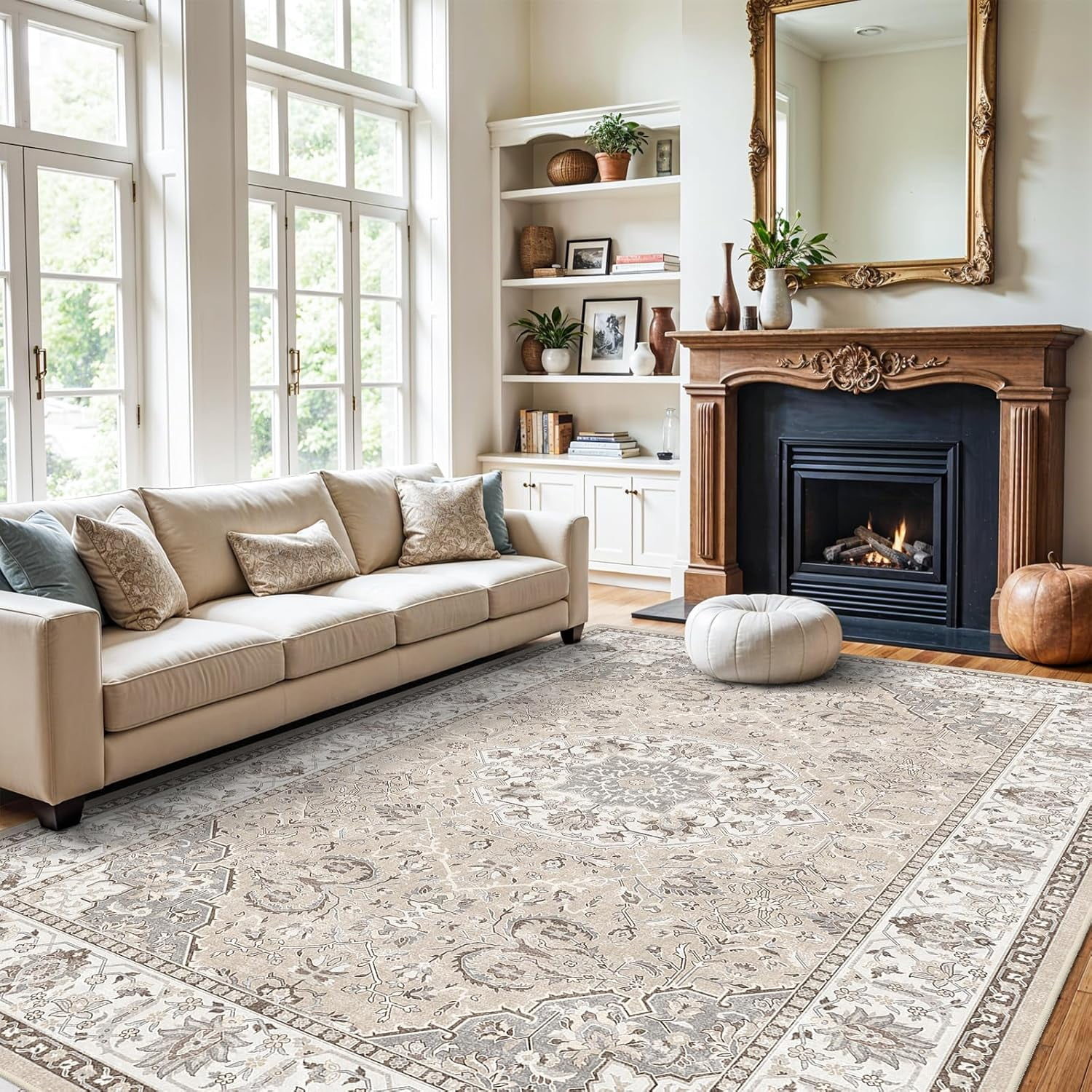 YOUFORTONG 10x14 Washable Vintage Area Rug, Large Low Pile Indoor Carpet for Living Room Bedroom, Soft Stain & Water Resistant, Non-Slip Backing Pet Friendly Home Decor Rug, Beige