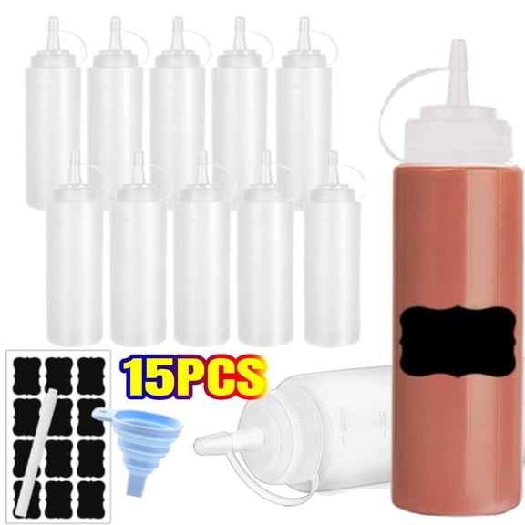 YangNengwen 12 Pack 8 OZ Squeeze Bottle, 1 Funnel   1 Stickers  Pen, Condiment Squeeze Bottles, Plastic Squeeze Bottle for BBQ, Sauce, Dressing,Paint, Workshop