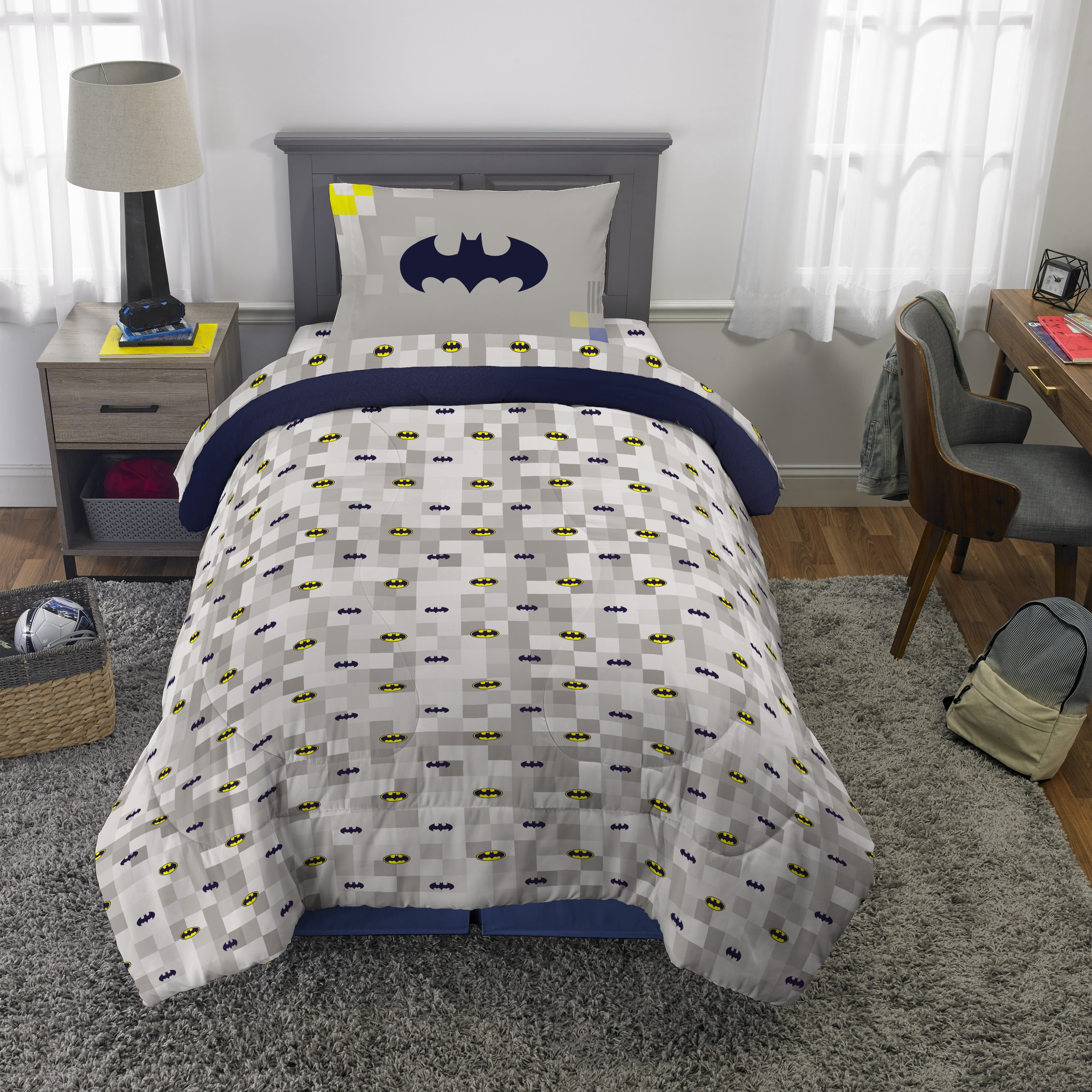 Batman Kids Blue Gray 4 Piece Reversible Comforter, Bed in a Bag, Twin