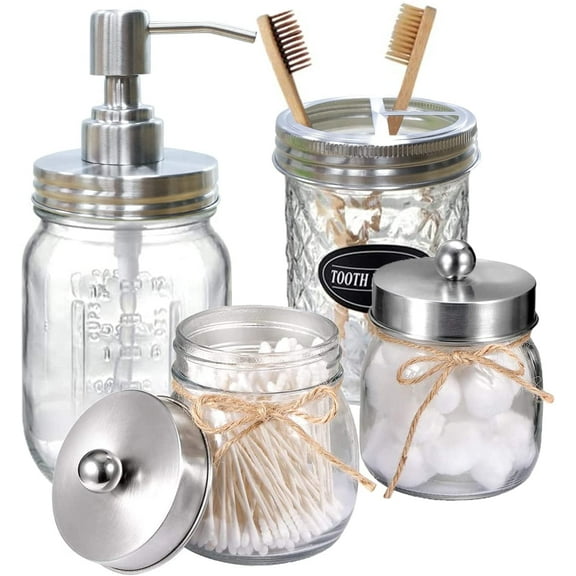 CERBIOR Mason jar Bathroom accessories set of 4 pieces, lotion soap dispenser and 2 pharmacist jars and toothbrush holder, bathroom home decoration craft. Glass, silver