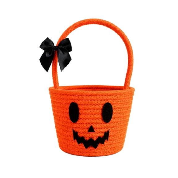 Halloween Cotton Rope Woven Candy Basket with Bow, Round Eye Cute Face Trick‑or‑Treat Handheld Bucket
