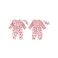 thumbnail image 2 of BemeyourBBs Newborn Newborn Baby Girl Spring Fall Winter Clothes Long Sleeve Romper One Piece Floral Strawberry Print Fake Two Pieces Patchwork Jumpsuit Headband Cute Infant Outfits, 2 of 9