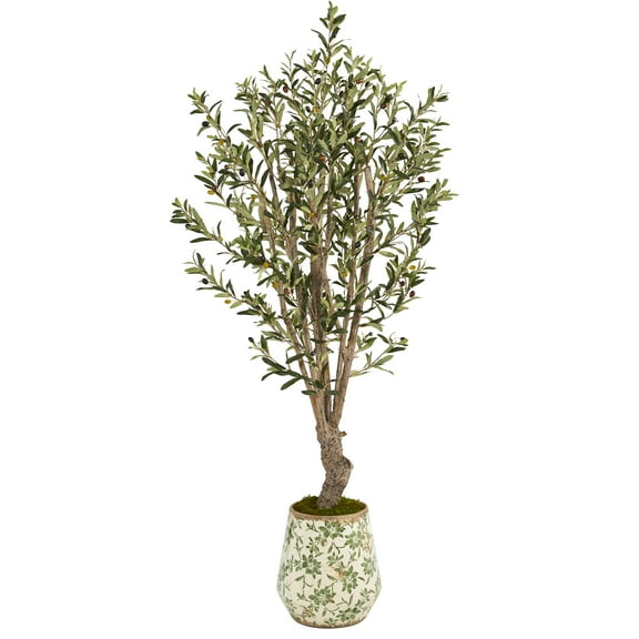 Nearly Natural 62in. Olive Artificial Tree in Floral Print Planter