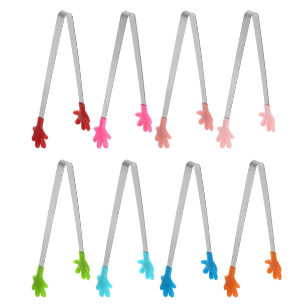 8pcs Mini Pinzas para Alimentos 14.4cm Forma de Mano Acero Inoxidable con Puntas de Silicona