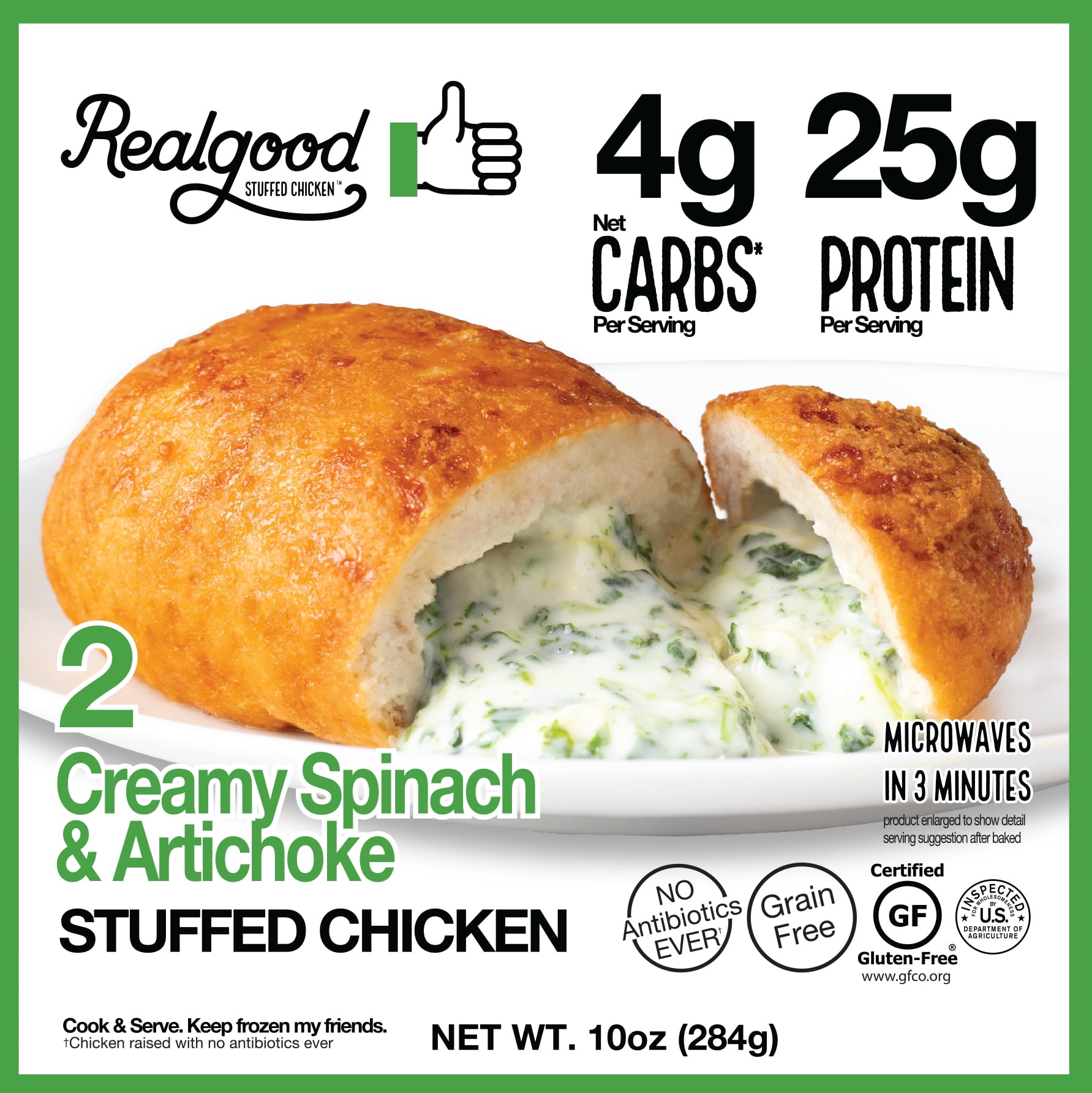 Real Good Foods Spinach & Artichoke Stuffed Chicken, 2 5 oz Servings