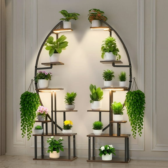 VEVOR Plant Stand Indoor with Grow Lights, 65.5 in Tall 7-Tiered Lighted Plant Shelf,2 Pack Metal Corner Plants Holder,3 Timer & 10 Brightness, Half-Moon Shaped Flower Display Rack for Living Room