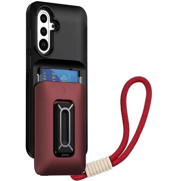 XPM for Samsung Galaxy S26 / S26 Plus Wallet Case with 2- Credit Card Holder, Wrist Strap & Kickstand Hybrid Shockproof TPU Phone Case Cover (Black Red)