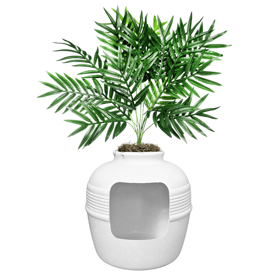 Good Pet Stuff Hidden Cat Litter Box Enclosure with Artificial Plant, Odor Filter System, Original Round Planter, Base Kit, White Birch