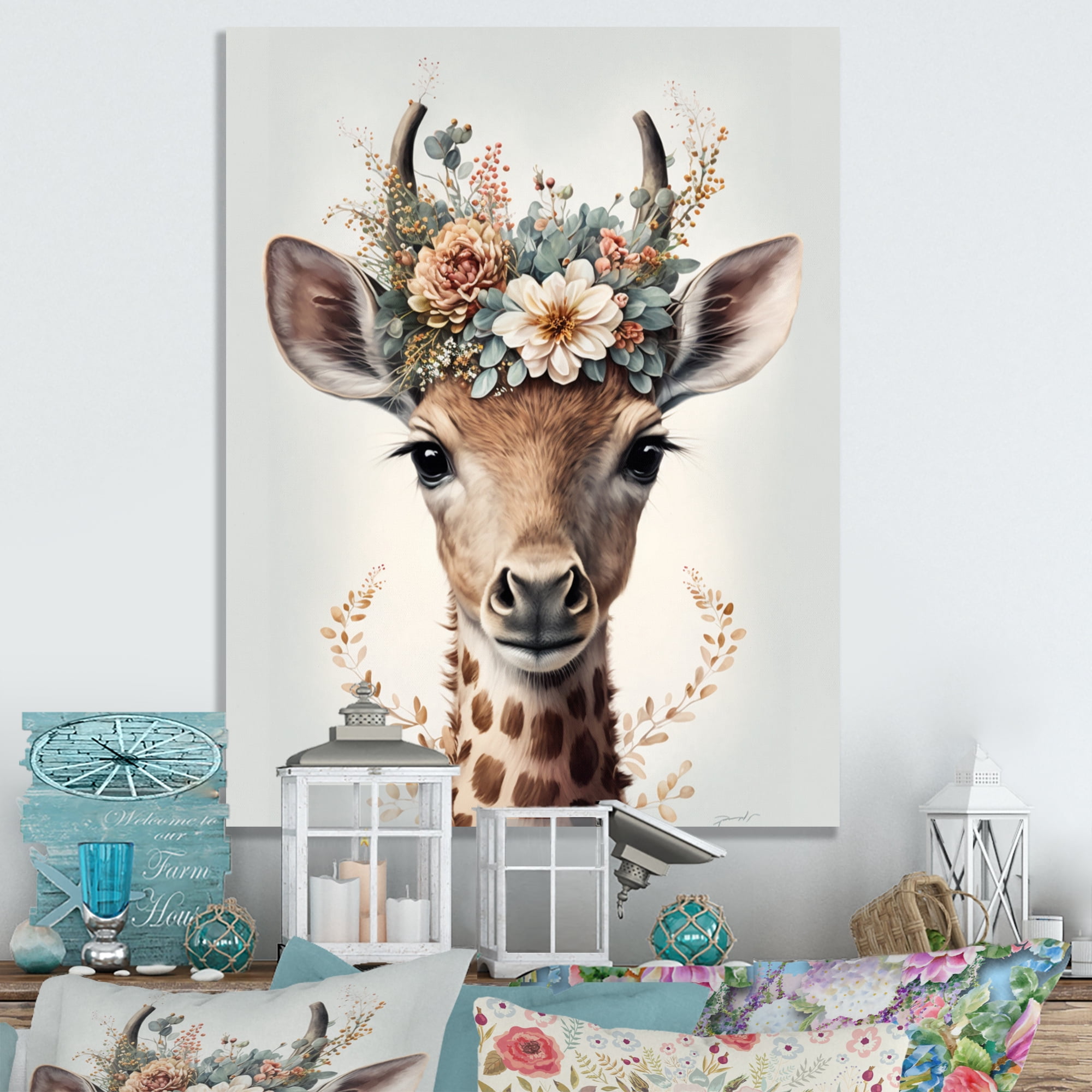 Designart Cute Baby Giraffe With Floral Crown I Canvas Wall Art