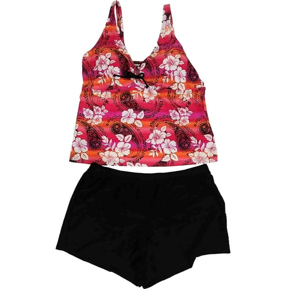 Womens Hot Pink Orange Tropical Hibiscus 2 Piece Swimming Suit Tankini Set