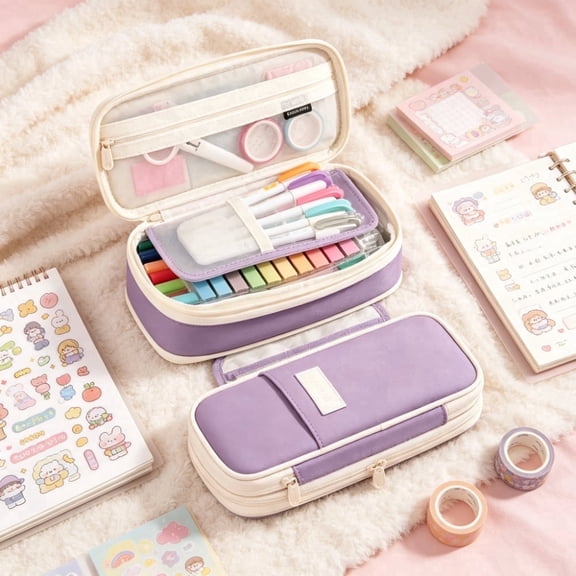 Large Pencil Case with Compartments, Big Storage Pen Pouch Bag for Office & College, Upgraded Purple