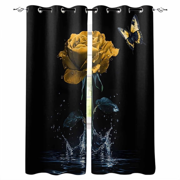 Yellow Roses Blackout Curtains 39 Inches Long for Bedroom, Modern Art Splash Flowers Butterfly Thermal Insulated Room Darkening Black Out Window Curtain Panels Grommet Drapes for Living Room