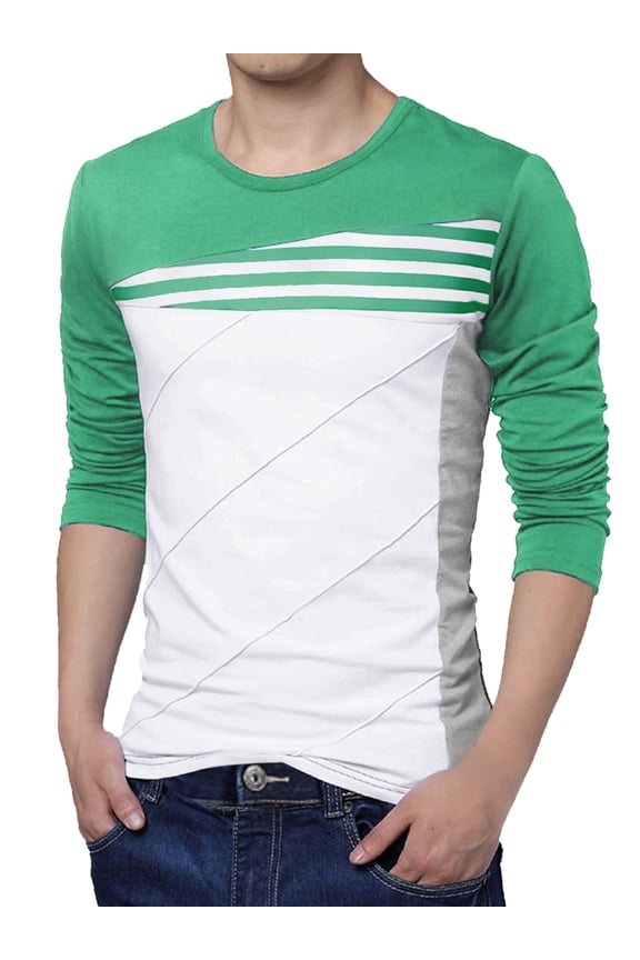 Big & Tall Men Color Block Striped Panel Long Sleeve Pullover T-shirt Green 46