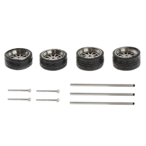 4 piezas 1:64 neumáticos de rueda de goma con piezas de repuesto de eje hueco de 25 mm para coches , juguetes para B5 Yotijar Llanta de rueda de goma