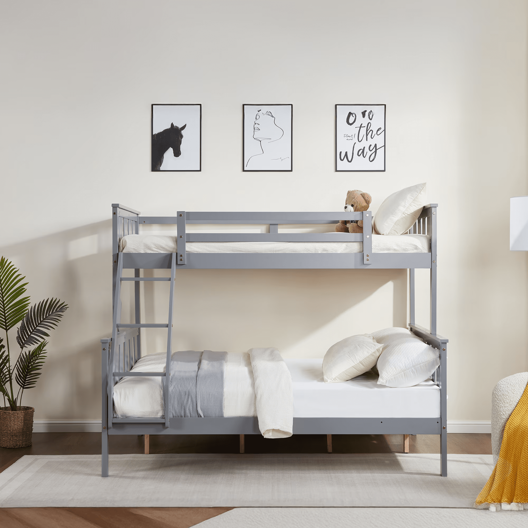 MAYEERTY Twin over Full Bunk Bed with Flexible Ladder, Kids Solid Wood Bed Frame, Non-Toxic Finishes, No Box Spring Needed, Gray