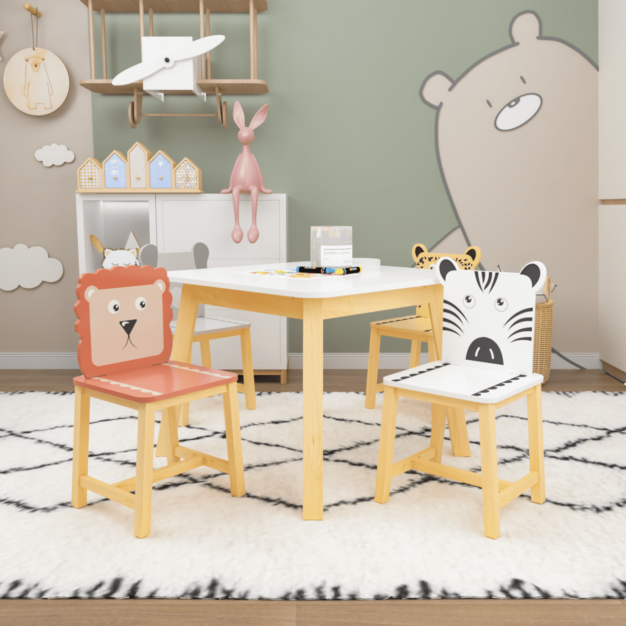 Kids Furniture 5 Piece Kiddy Table and Chair Set , Kids Wood Table with 4 Chairs Set Cartoon Animals (bigger table) (3-8 years old),Baby Furniture