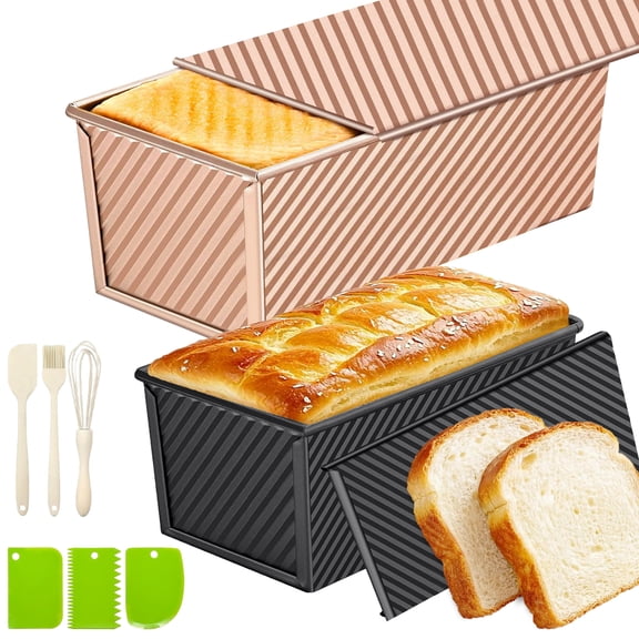 2Pack Pullman Loaf Pans with Lids – 2.2 LB & 1 LB Dough Capacity, Non-Stick Carbon Steel Bread Pans for Homemade Sandwich and Sourdough Bread, Corrugated Toast Mold