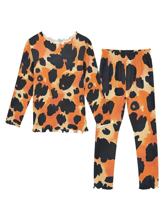 Orange Leopard Print Girls Pajama Set Soft Warm 2-Piece Long Sleeve Sleepwear Soft Warm Cozy 2T