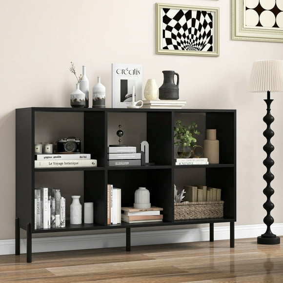 Giantex 6 Cube Storage Organizer Bookshelf, Wood Open Bookcase w/Metal Legs, Adjustable Display Shelf, Black