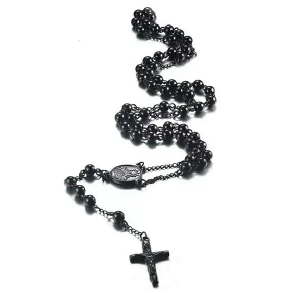 EOEMY Hot Women Men Stainless Steel Jesus Christ Cross Pendant Necklace Rosary Chain-Black-26Inch*6mm