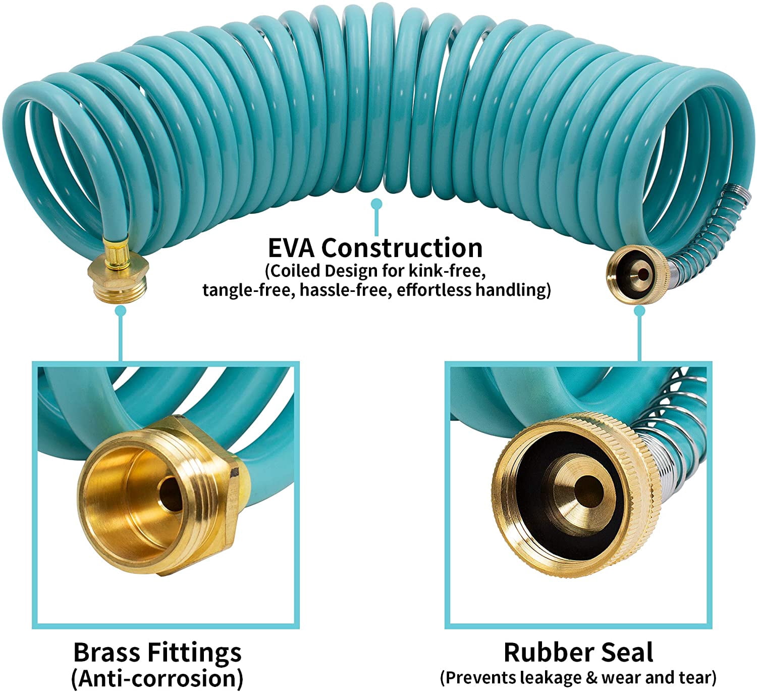 AUTOMAN EVA Recoil Garden Hose 25ft - Includes 7 Pattern Spray Nozzle, Corrosion Resistant Garden Coil Hose. Turquoise